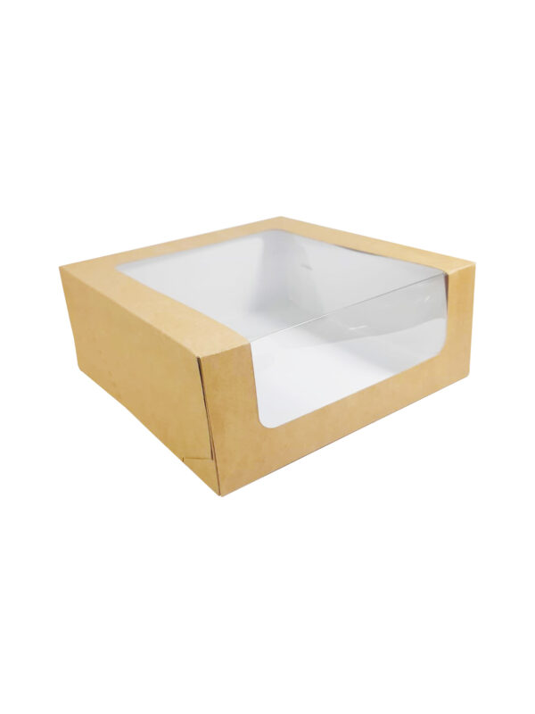 Самосборная крафт коробка с размерами 180х180х70мм для кондитерских изделий с панорамным окошком.