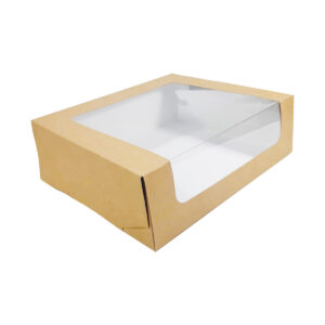 Самосборная крафт коробка с размерами 190х190х60мм для кондитерских изделий с панорамным окошком.